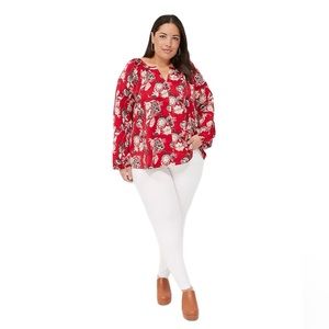 LANE BRYANT red floral split-neck long sleeve knit and woven swing top sz 22-24